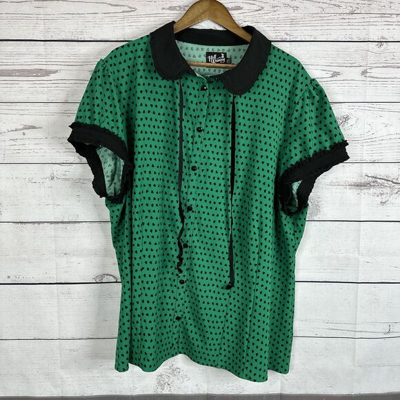 Hell Bunny Shirt Top Womens 6X Kelly Green Hearts Goth Grunge Button Stretch - Picture 1 of 13